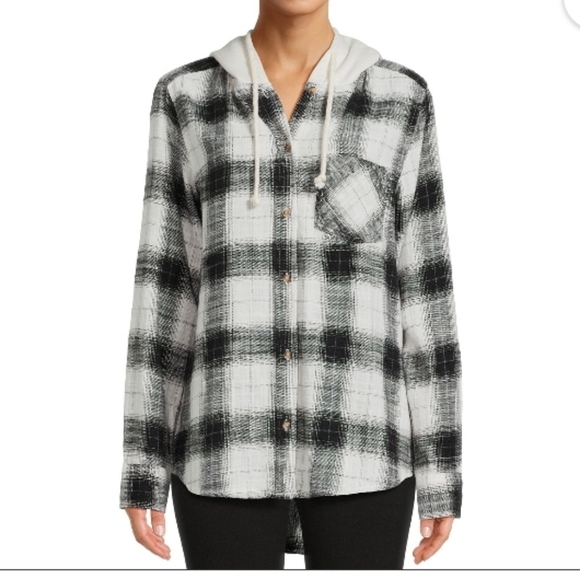 Time & Tru hooded flannel shirt button down black white cream plaid pattern L - Picture 1 of 10
